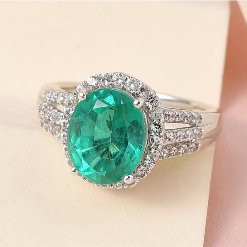 Exquisite Emeraldine Quartz & Moissanite Ring Platinum over Sterling Silver Sz 8 - Picture 6 of 12